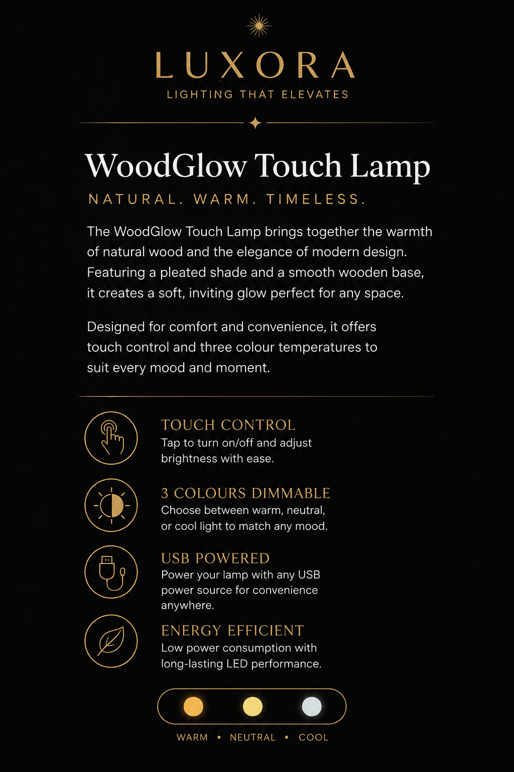 Luxora TimberGlow™ – Rechargeable Wooden Bedside Lamp | USB-C | 3 Colour Dimmable LED