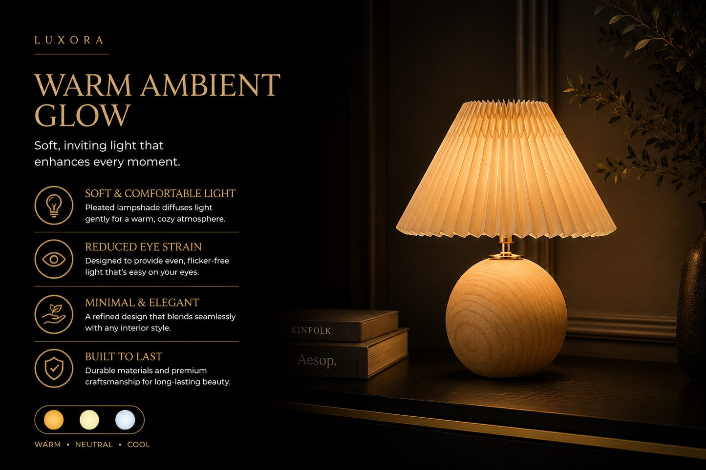 Luxora TimberGlow™ – Rechargeable Wooden Bedside Lamp | USB-C | 3 Colour Dimmable LED