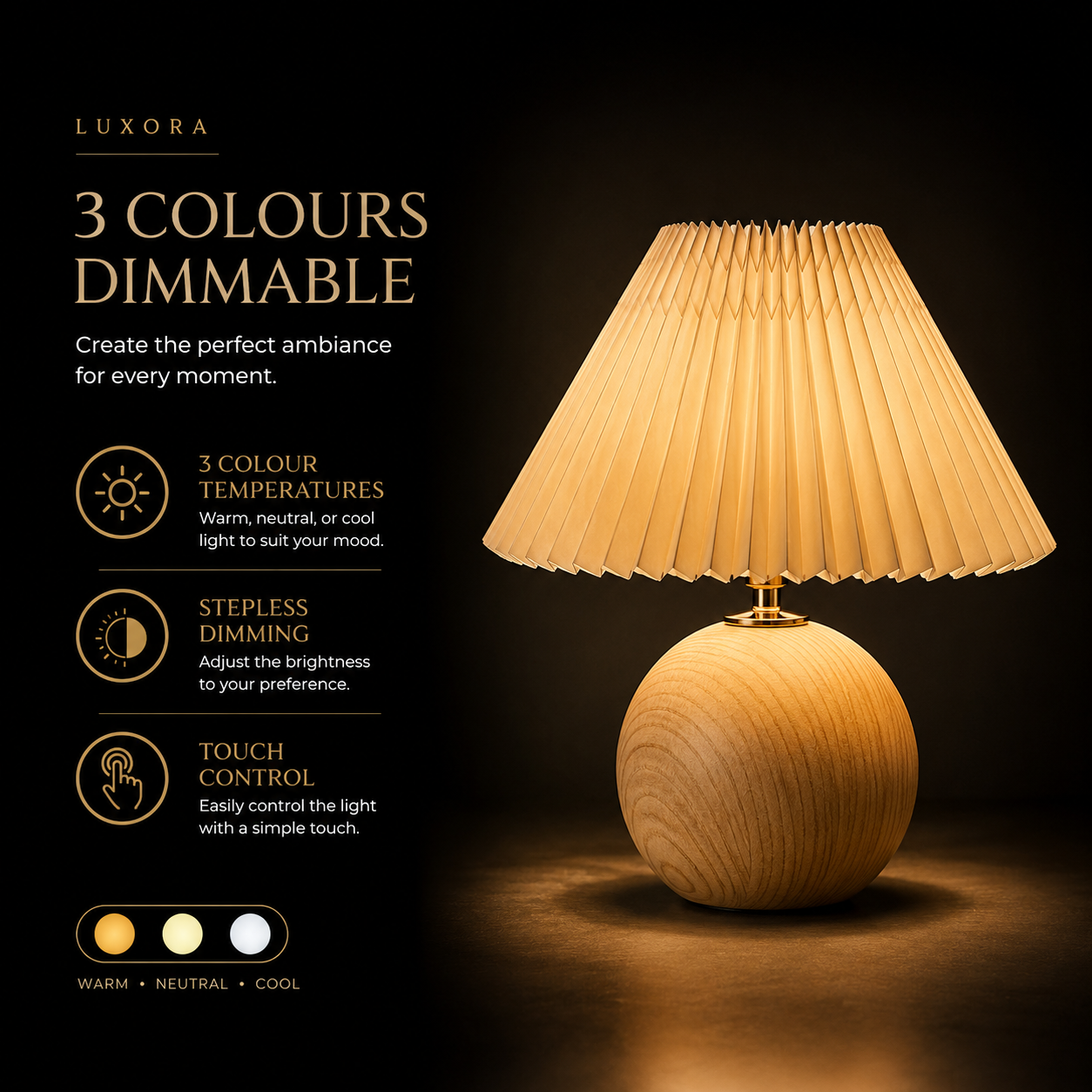 Luxora TimberGlow™ – Rechargeable Wooden Bedside Lamp | USB-C | 3 Colour Dimmable LED