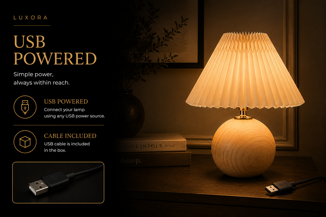 Luxora TimberGlow™ – Rechargeable Wooden Bedside Lamp | USB-C | 3 Colour Dimmable LED