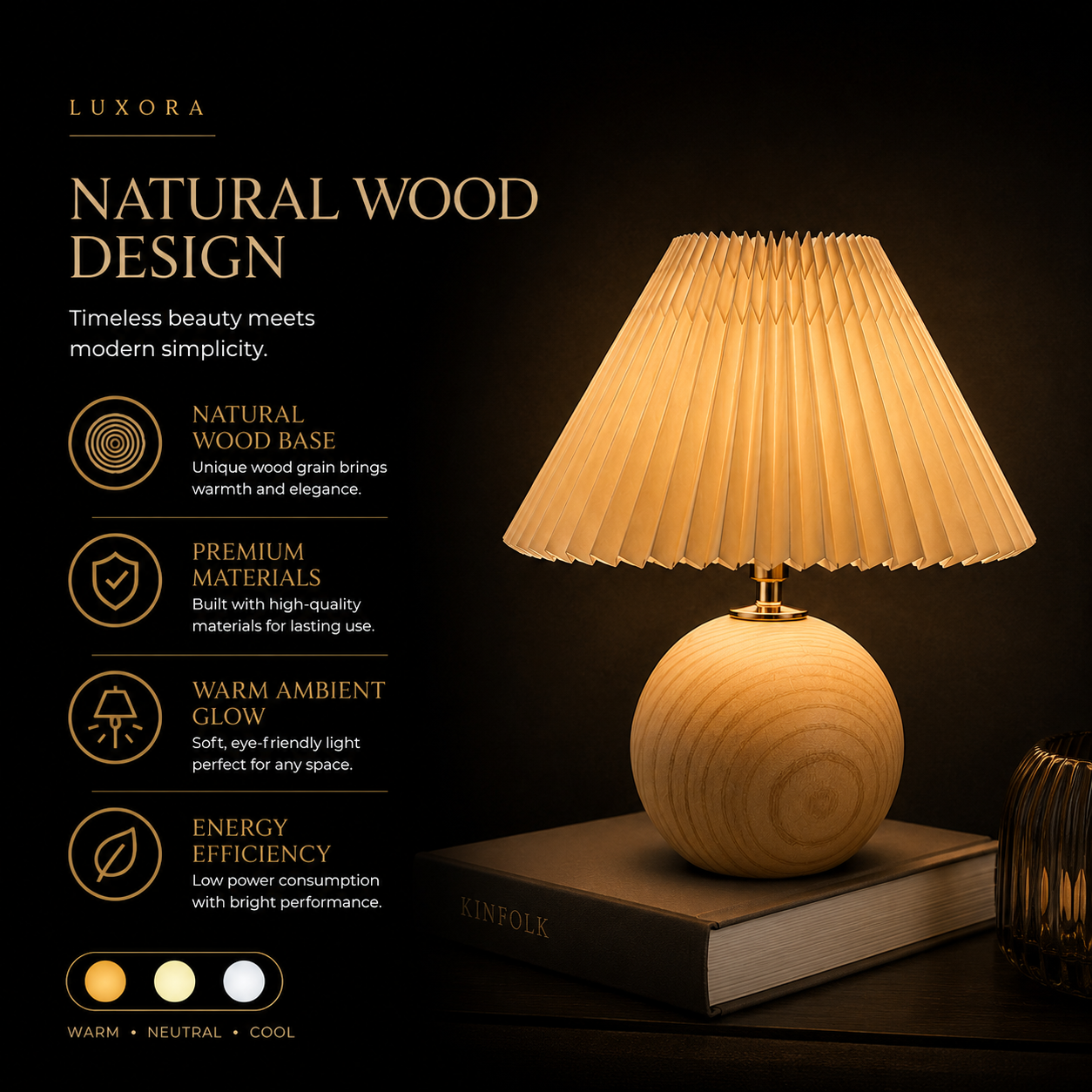 Luxora TimberGlow™ – Rechargeable Wooden Bedside Lamp | USB-C | 3 Colour Dimmable LED