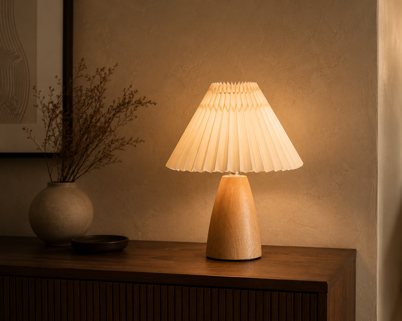 Luxora Oak Aura™ | Pleated Table Lamp