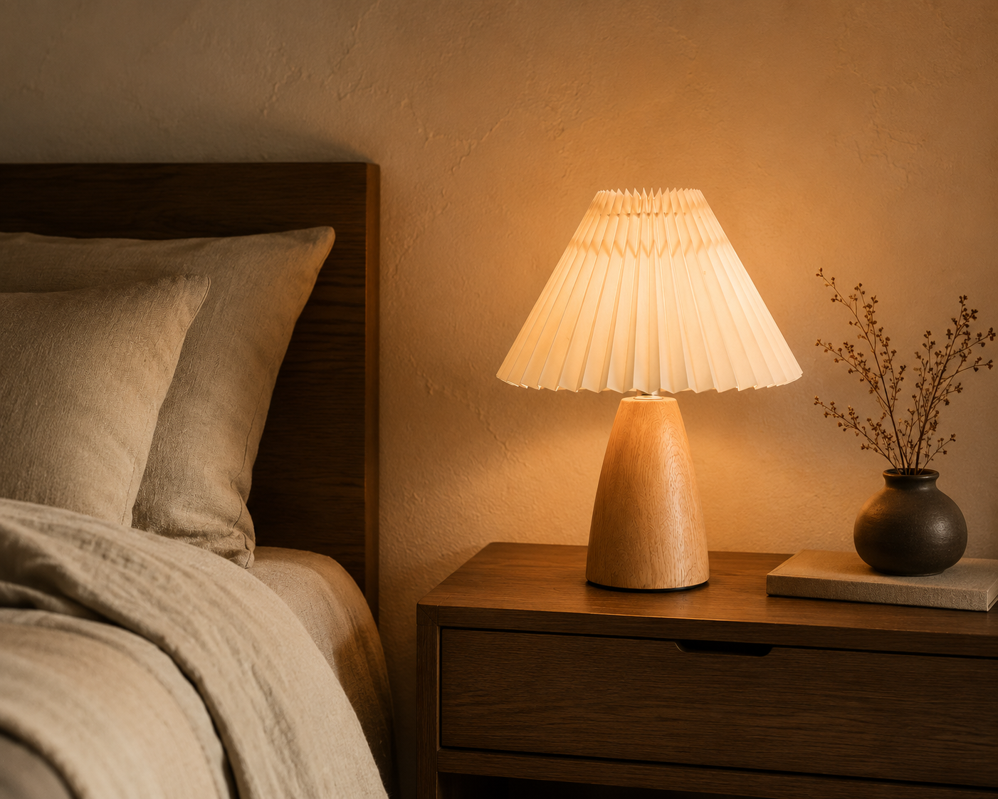 Luxora Oak Aura™ | Pleated Table Lamp