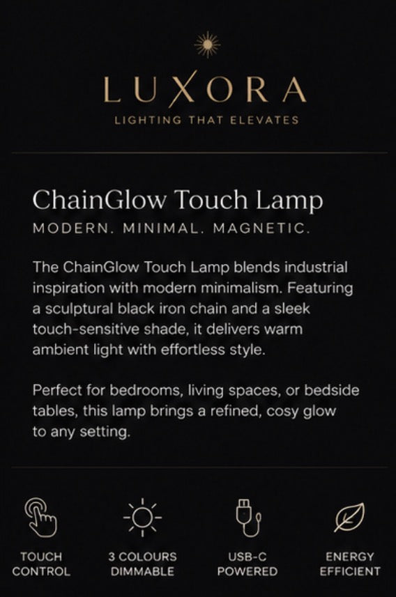 Luxora ChainGlow™ – Rechargeable Touch Bedside Lamp | USB-C | 3 Colour Dimmable LED