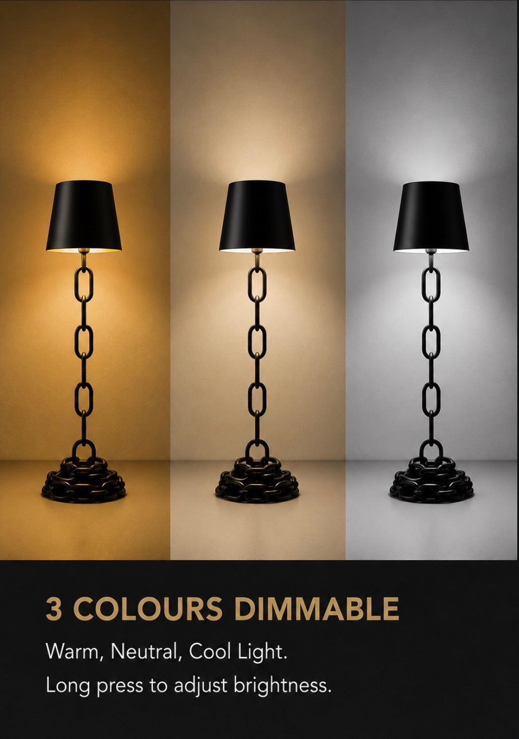 Luxora ChainGlow™ – Rechargeable Touch Bedside Lamp | USB-C | 3 Colour Dimmable LED