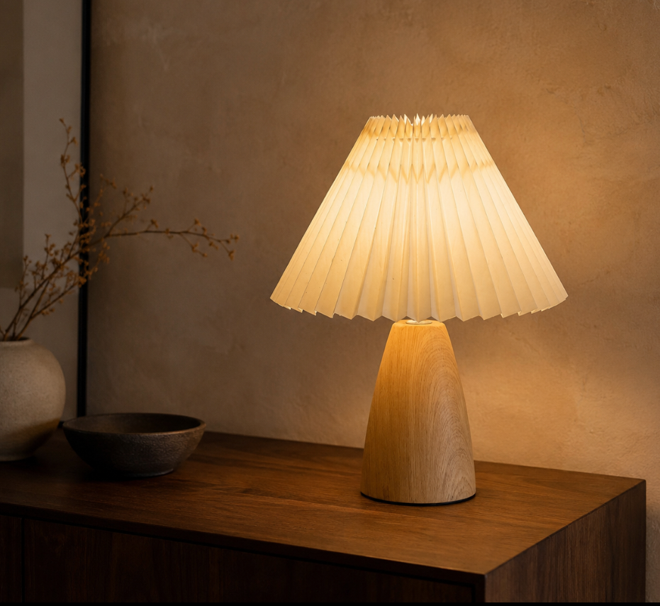 Luxora Oak Aura™ | Pleated Table Lamp
